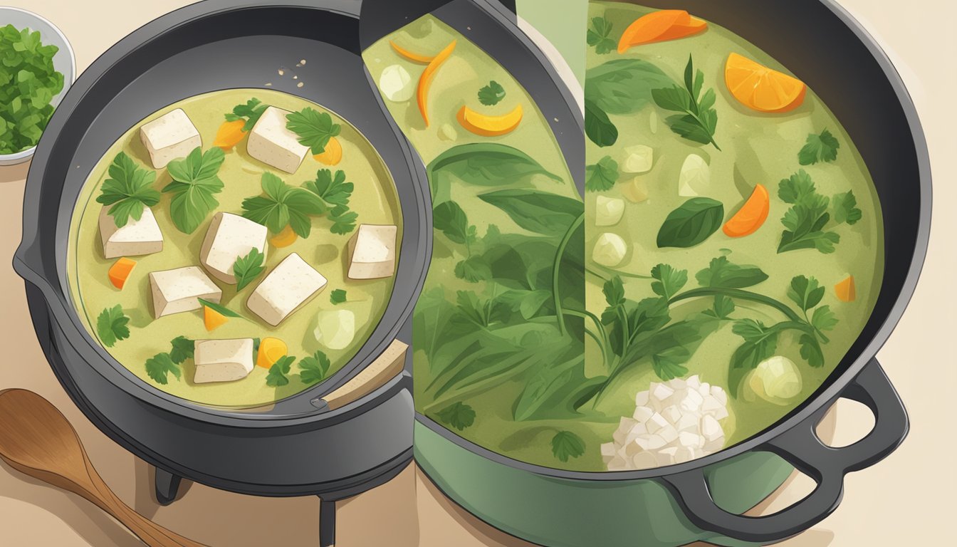 A pot of simmering green curry with vegetables and tofu on a stovetop