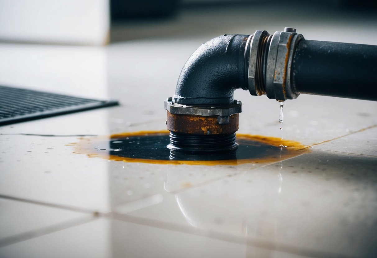 A pipe leaking water onto a floor, with visible signs of corrosion and rust around the leak