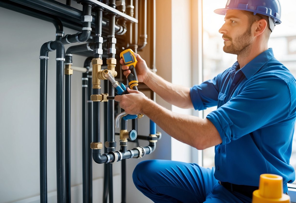 A plumber inspecting and repairing a network of pipes in a building, using tools and equipment to prevent and fix potential leaks