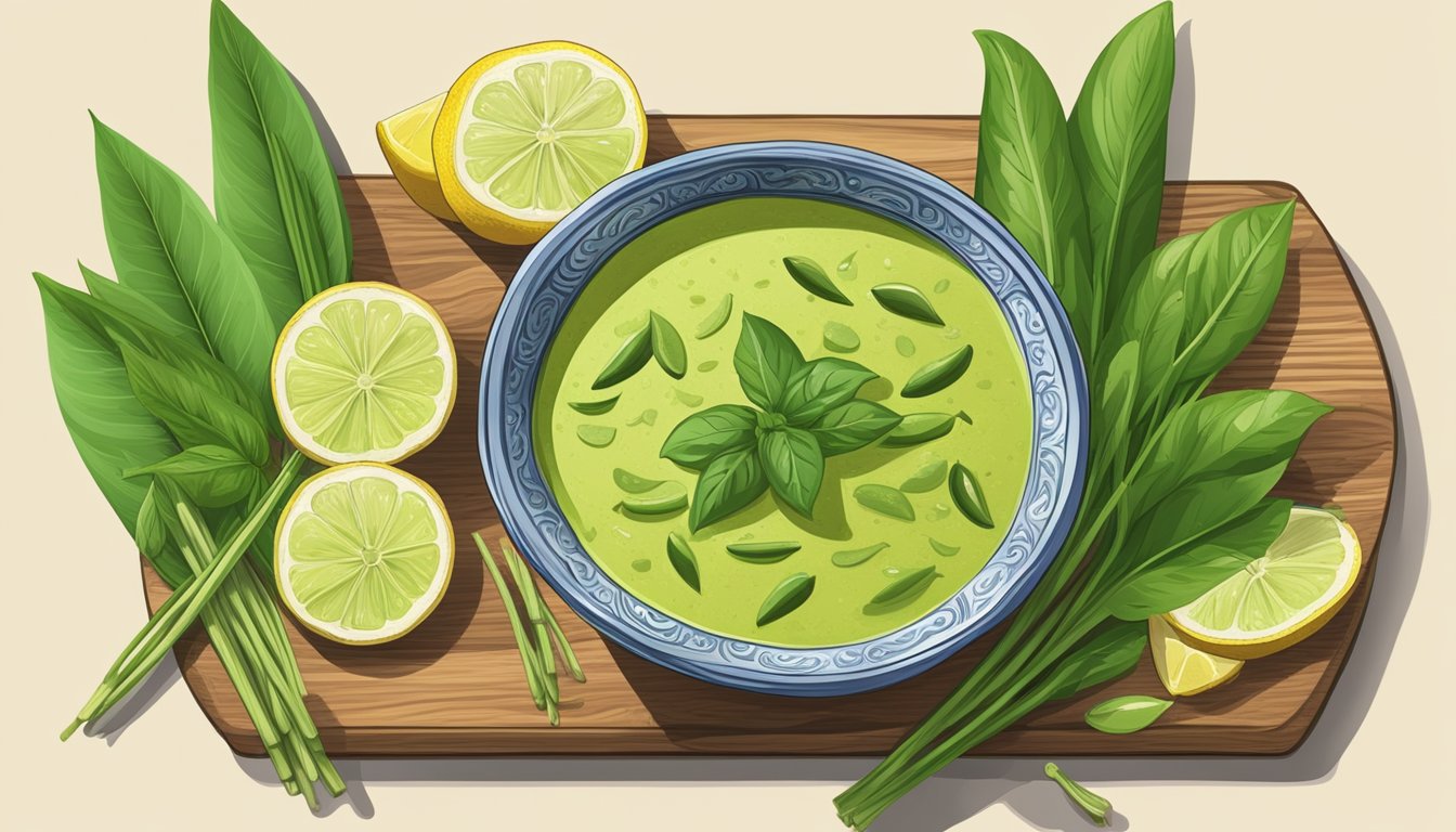 A jar of Thai green curry paste surrounded by fresh lemongrass, basil leaves, and vibrant green chilies on a wooden cutting board