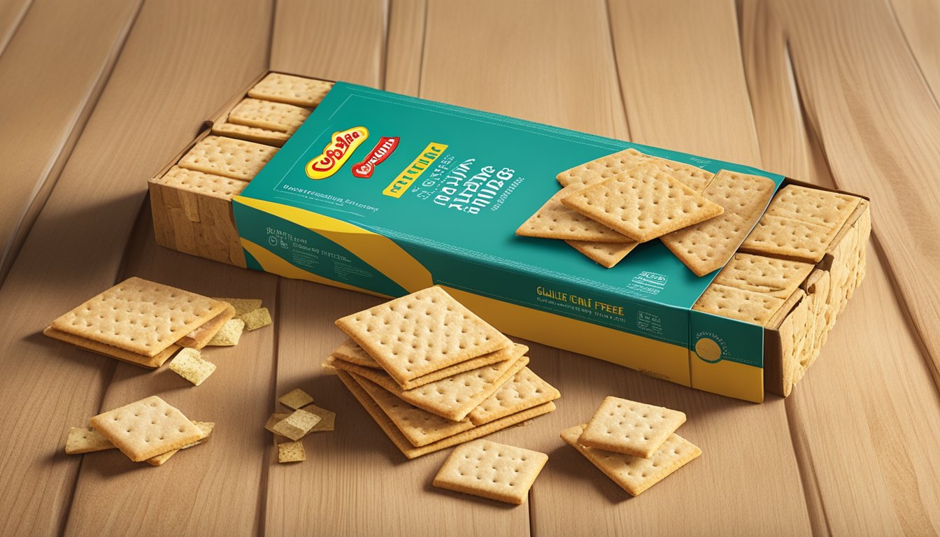 A box of Schar gluten-free table crackers surrounded by scattered individual crackers on a wooden cutting board