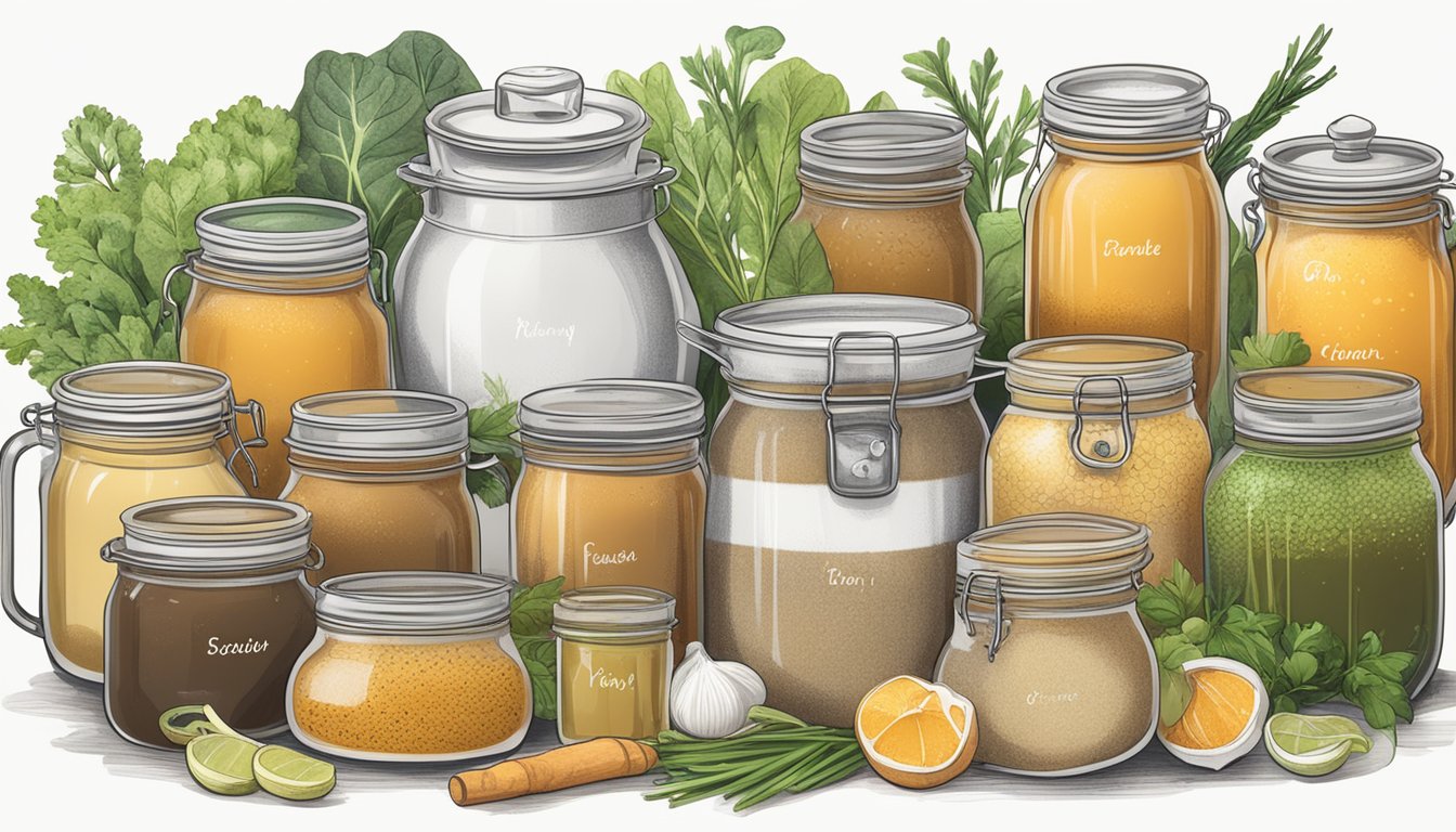 A steaming kettle of bone broth surrounded by various labeled jars and ingredients