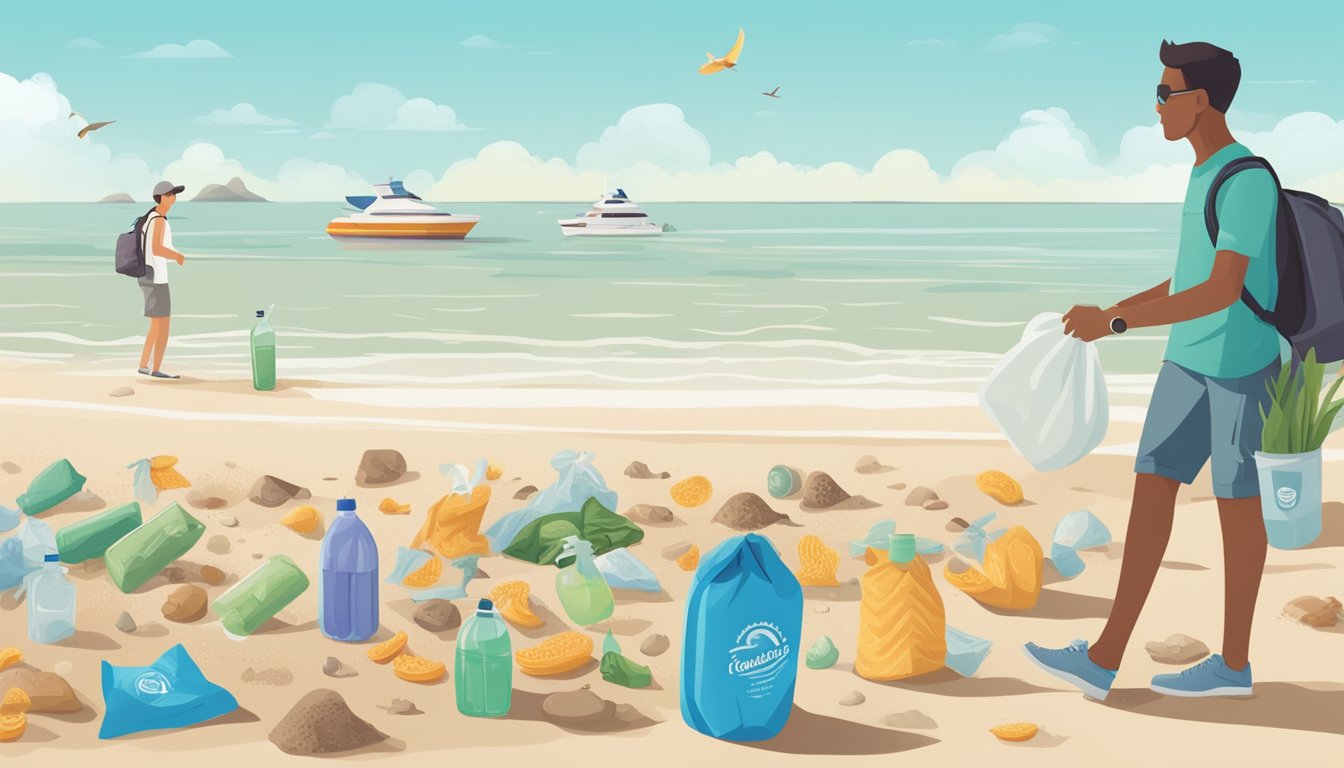 A traveler with a reusable water bottle and a small bag of healthy snacks, walking past a litter-free beach and a group of people cleaning up trash