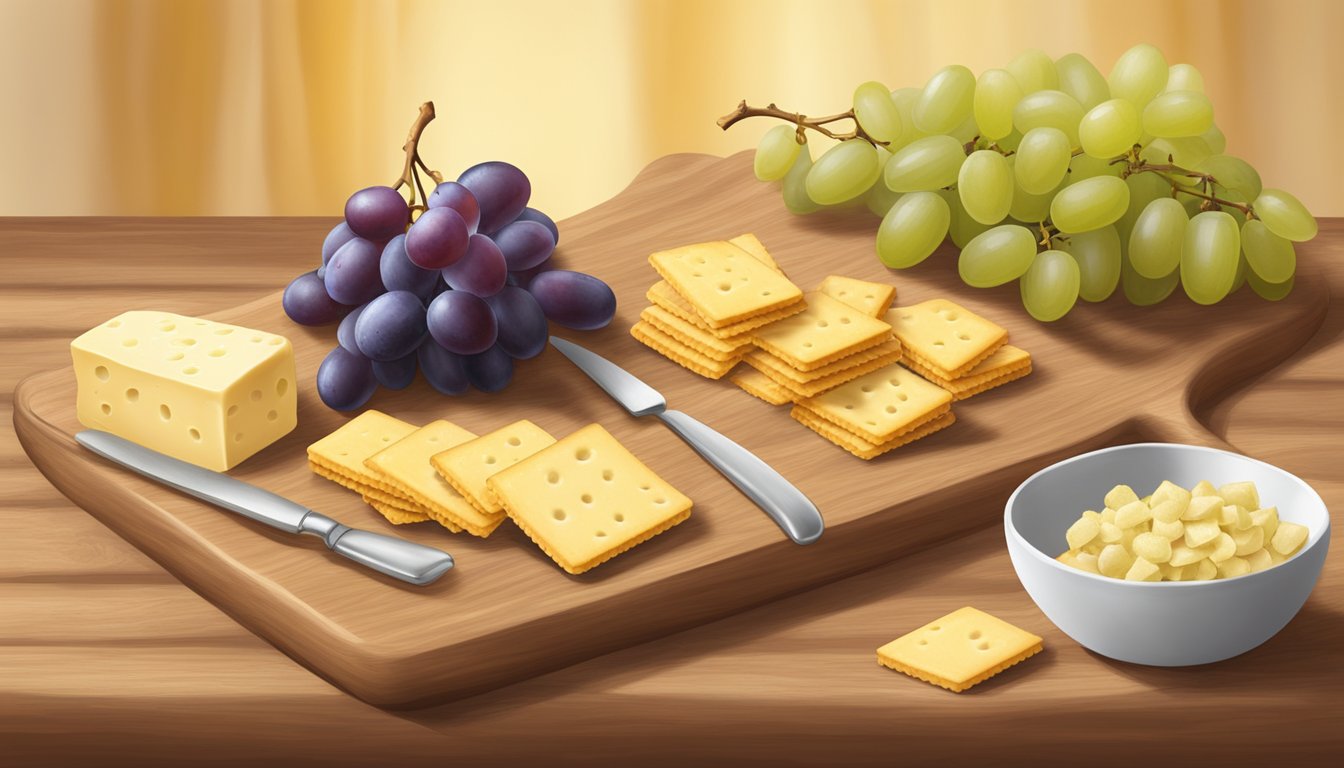 A bowl of Schar gluten-free table crackers paired with cheese and grapes on a wooden cutting board