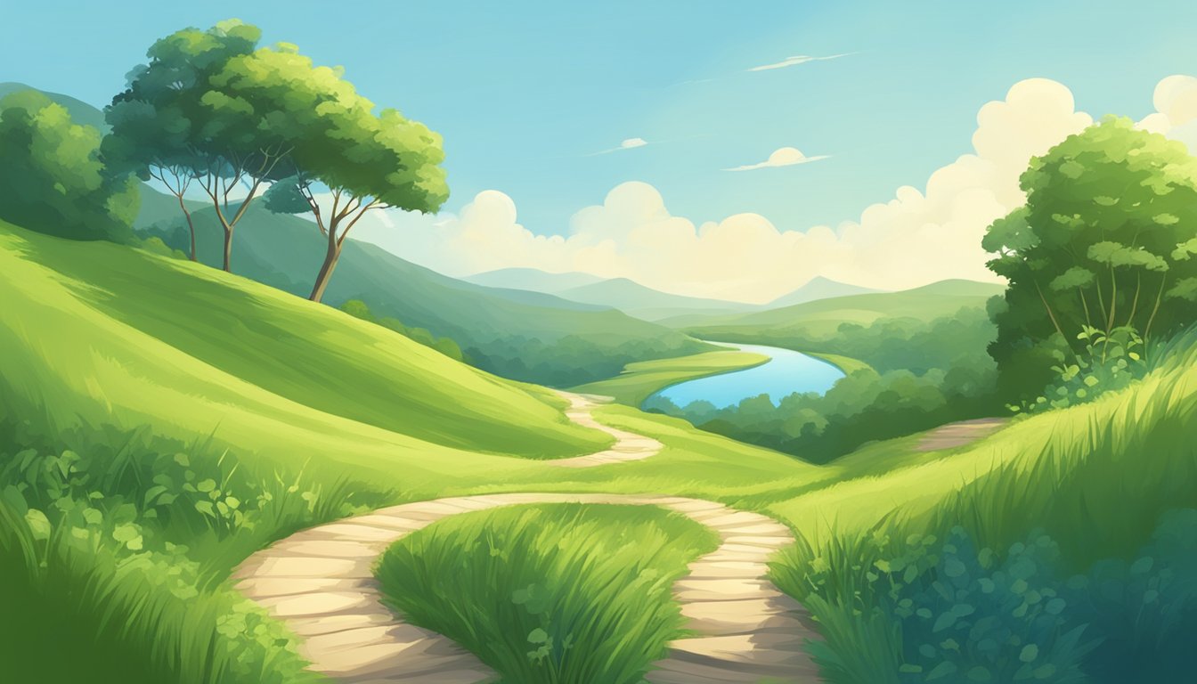 A serene landscape with a winding path leading through lush greenery, with a clear blue sky and a sense of tranquility