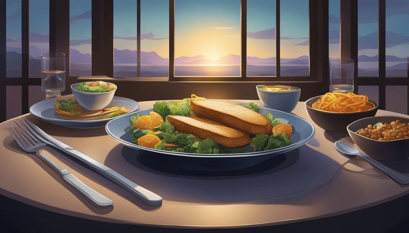 A table set with a single meal, surrounded by the fading light of dusk and the emerging darkness of night, symbolizing the eating window of the Warrior Diet