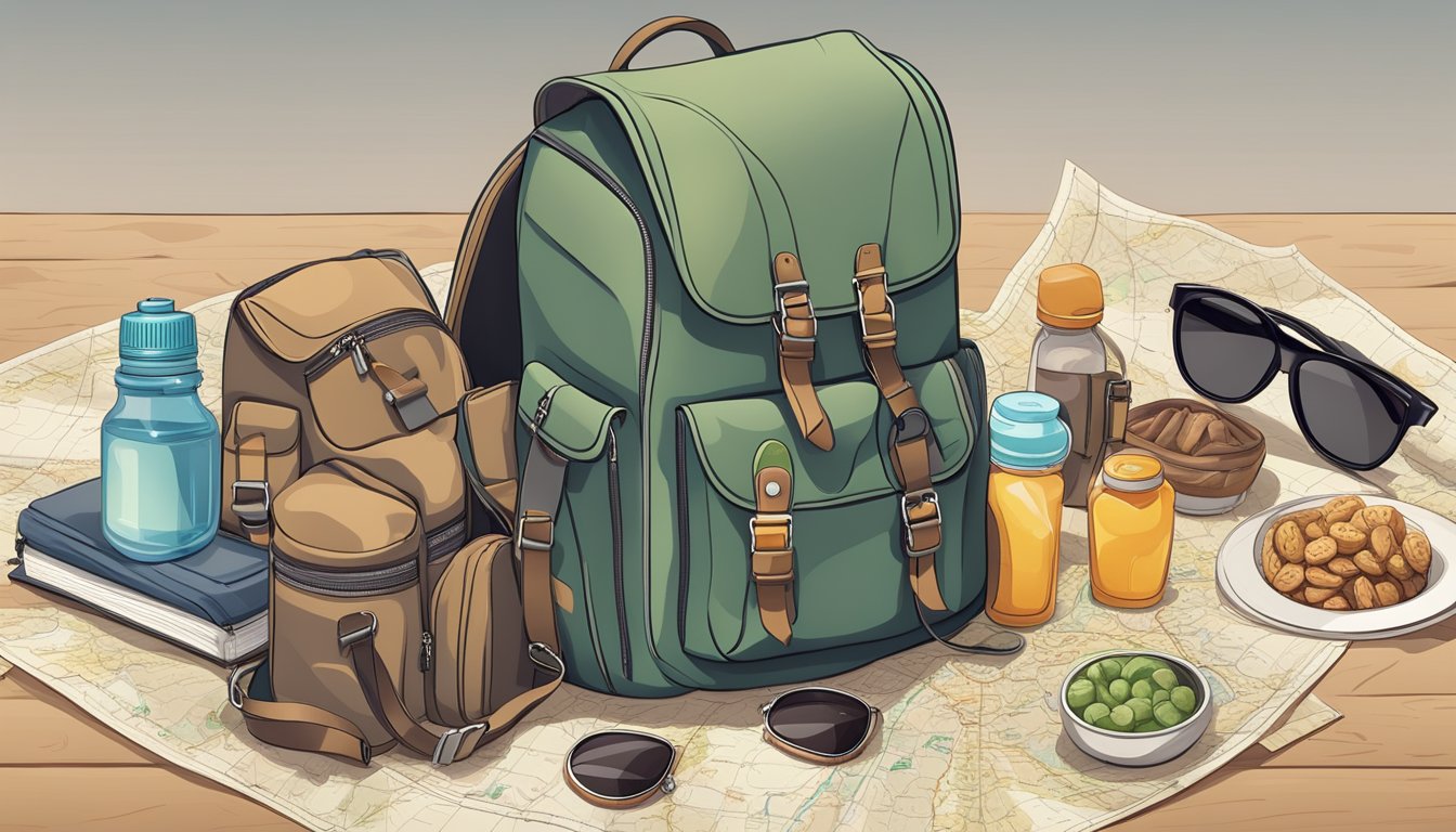 A traveler's backpack with healthy snacks, water bottle, and a journal, laid out on a map with a compass and sunglasses