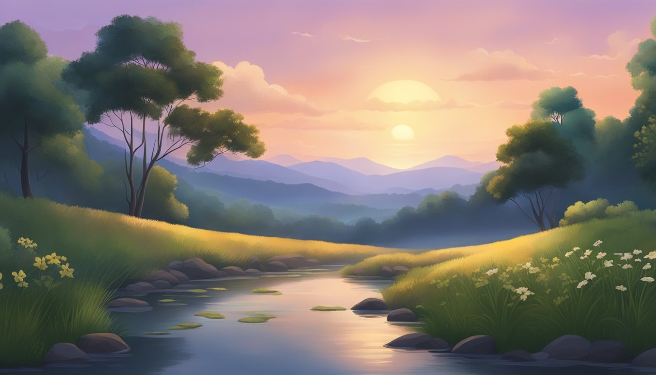 A serene landscape transitions from dusk to dawn, showcasing a peaceful setting with a clear sky, lush vegetation, and a sense of tranquility