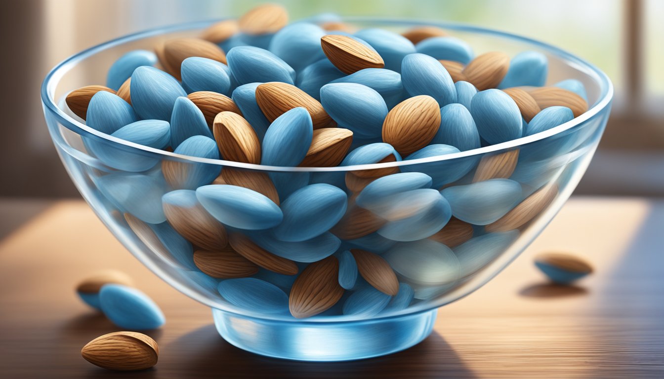 A clear glass bowl filled with Lightly Salted Blue Diamond almonds sits on a wooden table, bathed in soft natural light from a nearby window