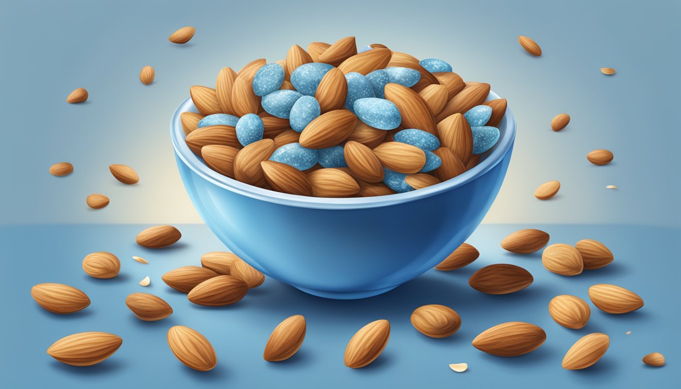 A bowl of lightly salted Blue Diamond almonds surrounded by scattered almond shells