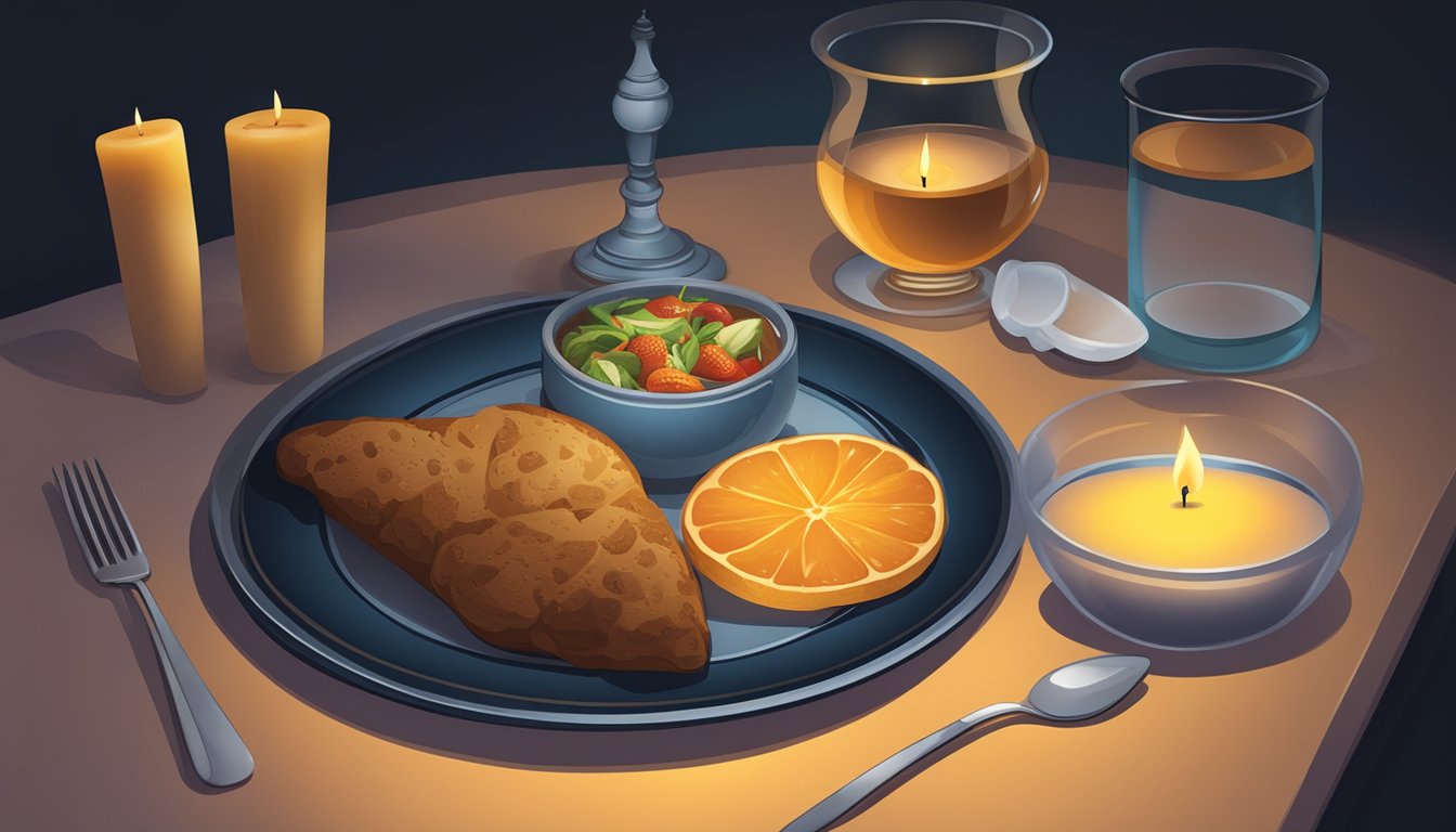 A table with a single plate of food illuminated by a dimly lit candle, set against a dark backdrop with a clock showing the time between dusk and dawn