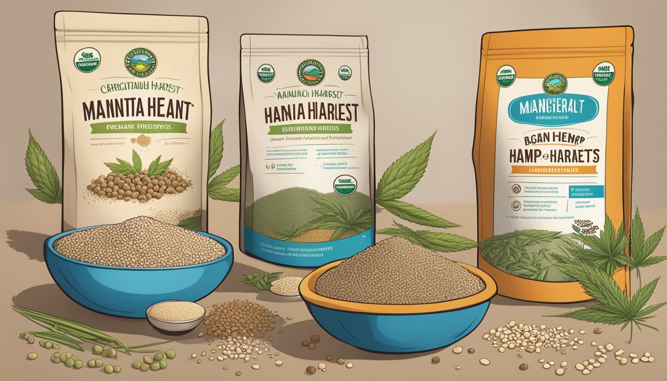 A table with Manitoba Harvest organic hemp hearts, surrounded by symbols for dietary considerations and certifications