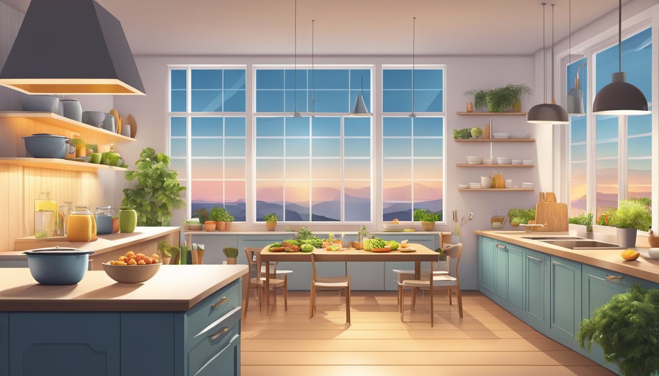 A modern kitchen with a table set for a single meal, surrounded by a variety of healthy food options. The window shows the transition from dusk to dawn