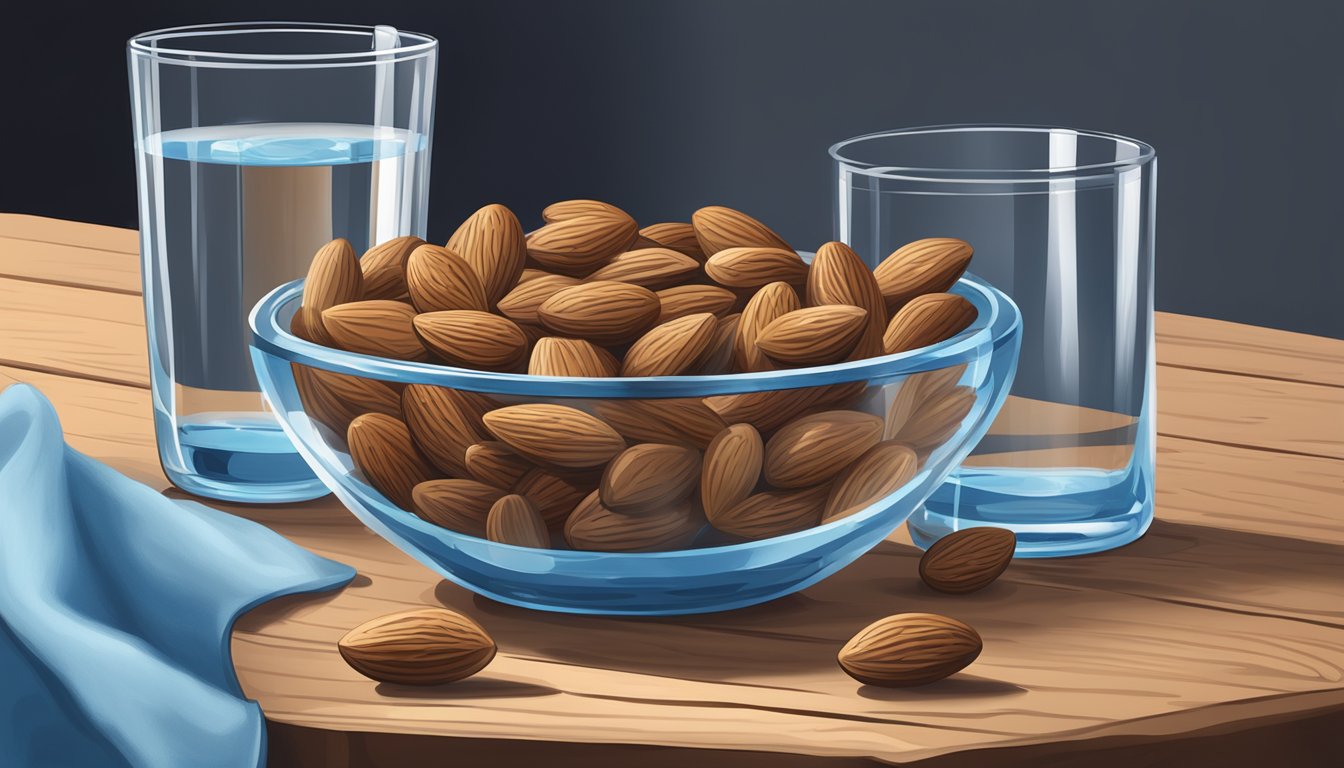 A bowl of lightly salted blue diamond almonds sits next to a glass of water on a wooden table