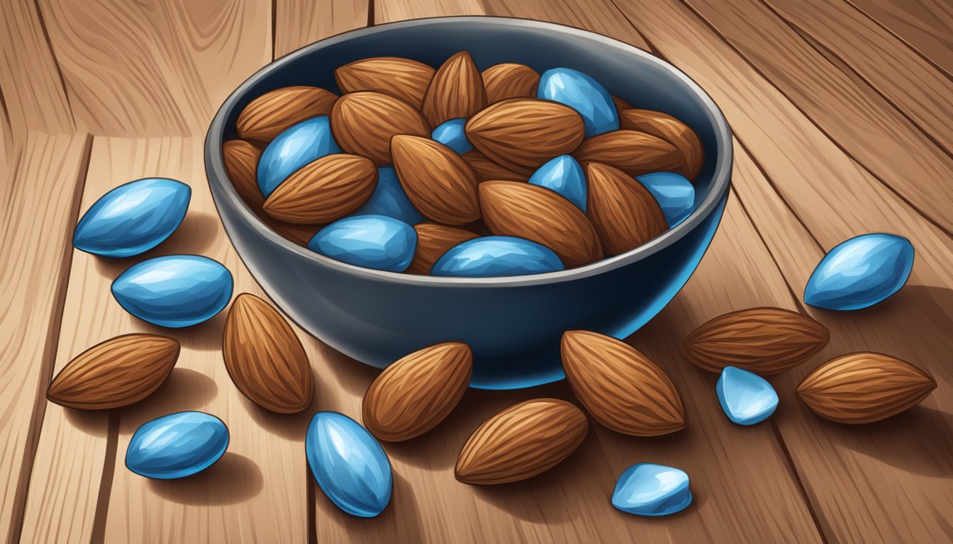 A bowl of blue diamond almonds lightly salted on a wooden table