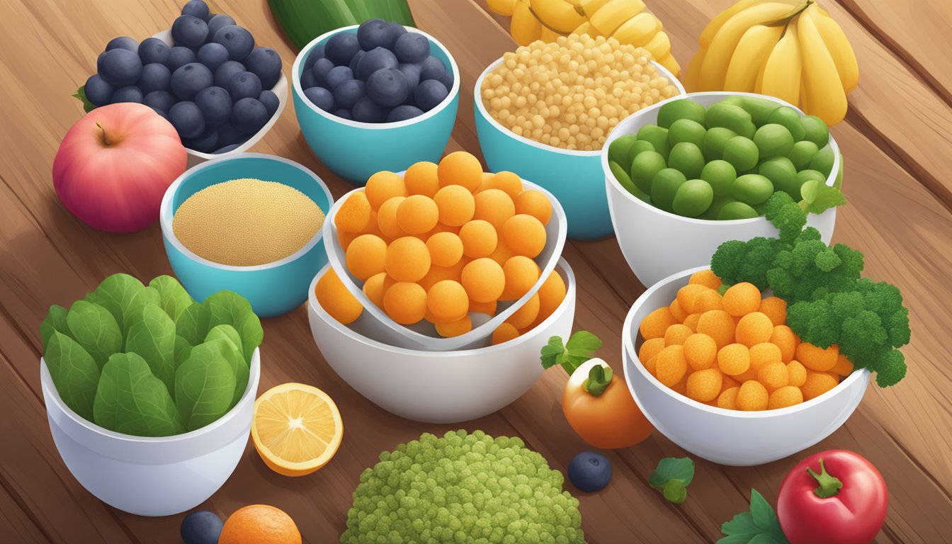 A colorful array of organic superfood puffs scattered on a wooden table with fruits and vegetables in the background