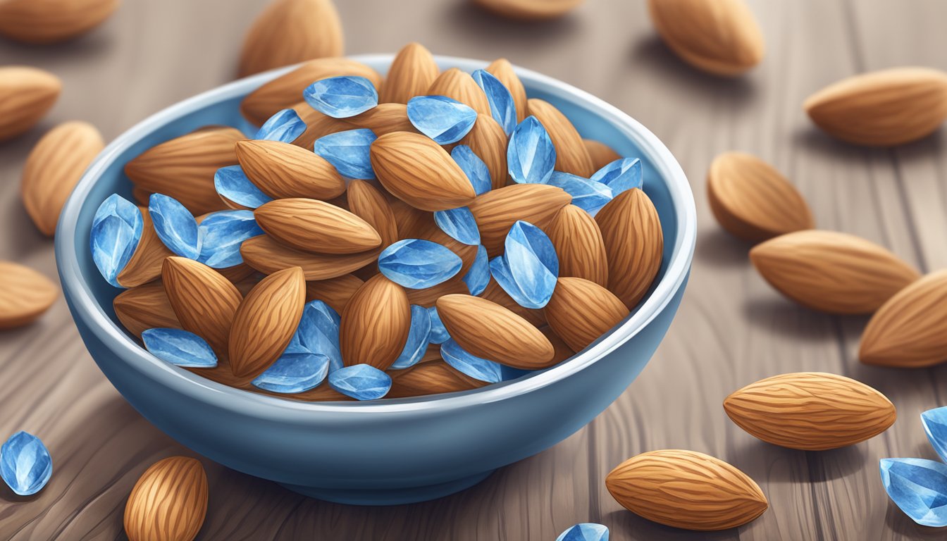 A bowl of lightly salted blue diamond almonds surrounded by scattered almond shells on a wooden table