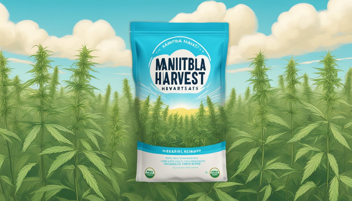 A field of tall, green hemp plants swaying in the breeze under a clear blue sky, with the Manitoba Harvest logo prominently displayed on a package of organic hemp hearts