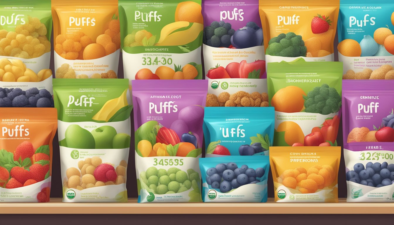 A colorful array of organic superfood puffs arranged neatly on a shelf, with Health and Safety Standards certification prominently displayed