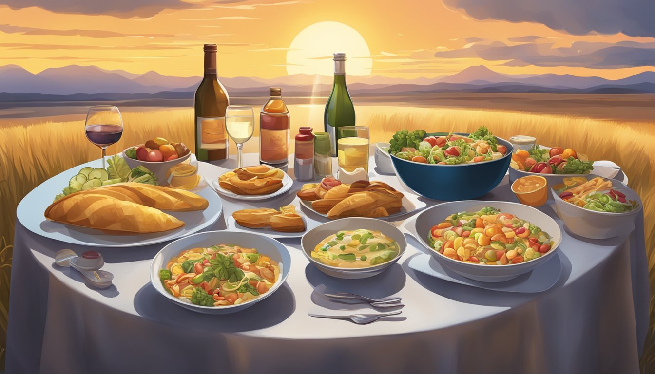 A table set with an assortment of food and drink, surrounded by a darkening sky and the glow of a setting sun