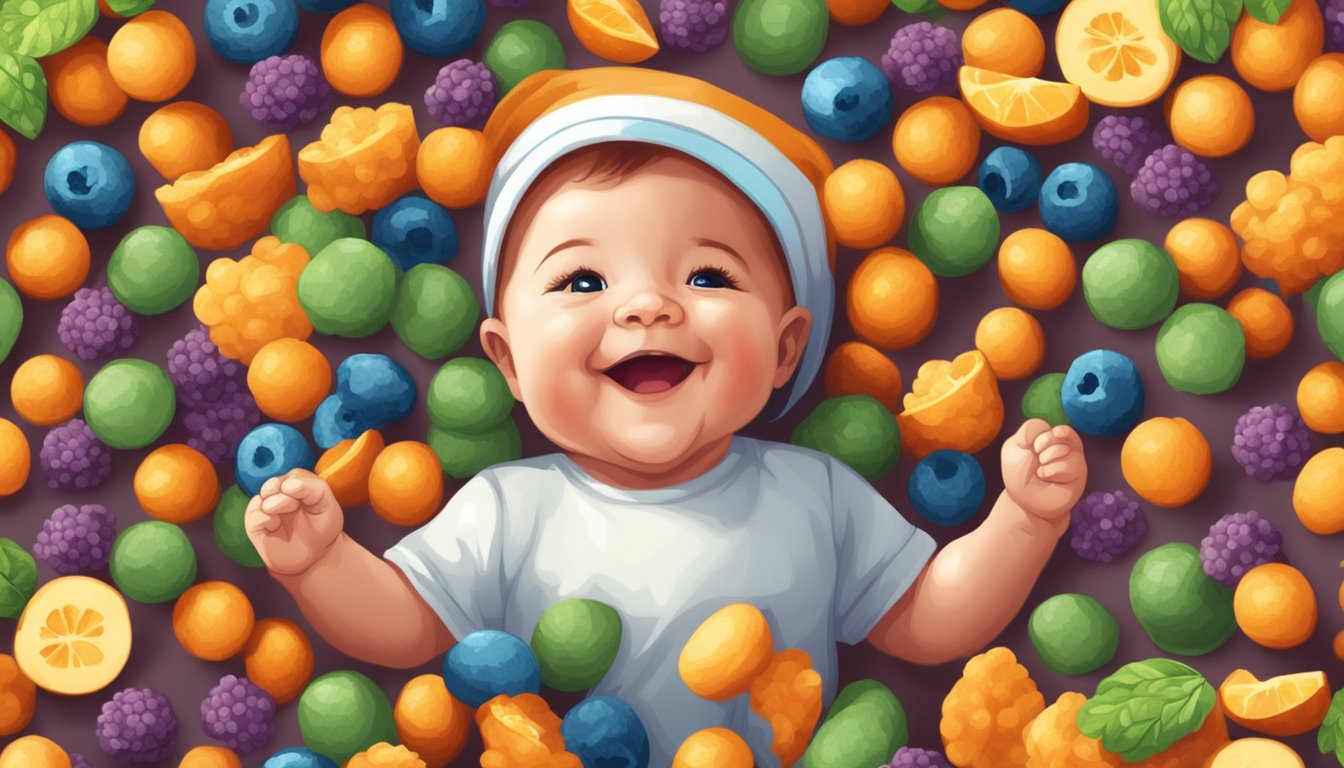 A smiling baby reaching for a colorful pile of organic superfood puffs