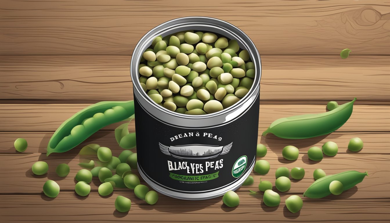 A can of Eden Organic Black Eyed Peas sits on a rustic wooden table, surrounded by scattered peas and a few loose pods