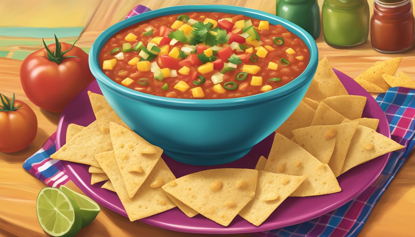 A bowl of Tostitos Salsa Con Queso surrounded by tortilla chips on a colorful table setting, with a jar of the salsa in the background