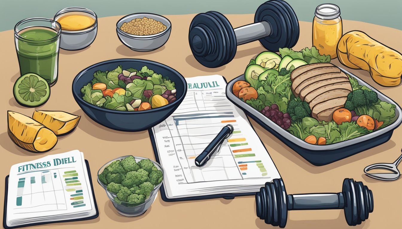 A warrior diet meal plan with a variety of healthy, whole foods displayed on a table with a fitness journal and a set of dumbbells nearby