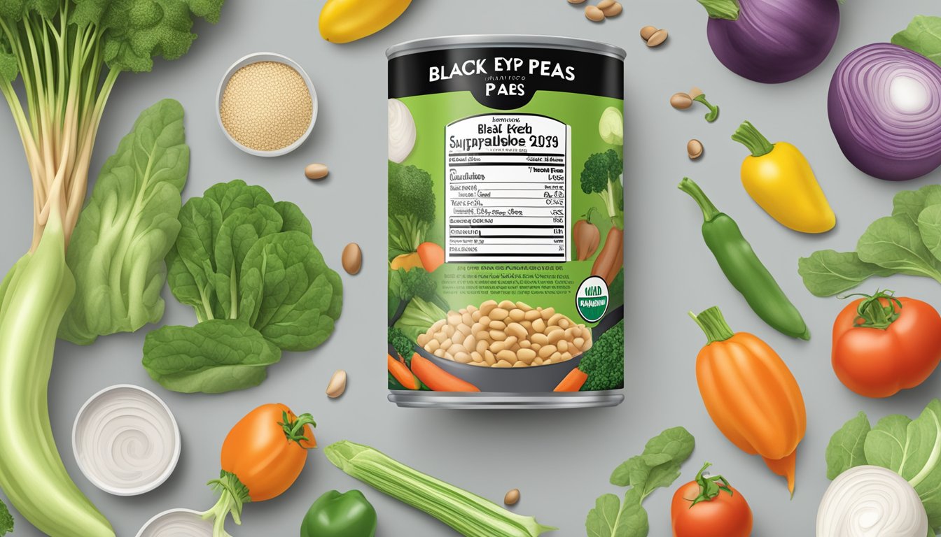 A can of Eden Organic Black Eyed Peas surrounded by fresh vegetables and a nutrition label