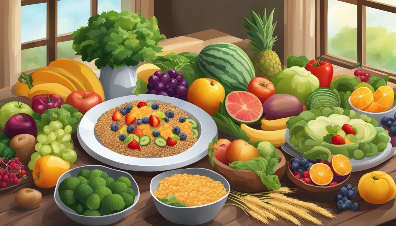 A table set with a variety of fresh fruits, vegetables, lean proteins, and whole grains, surrounded by vibrant colors and natural light