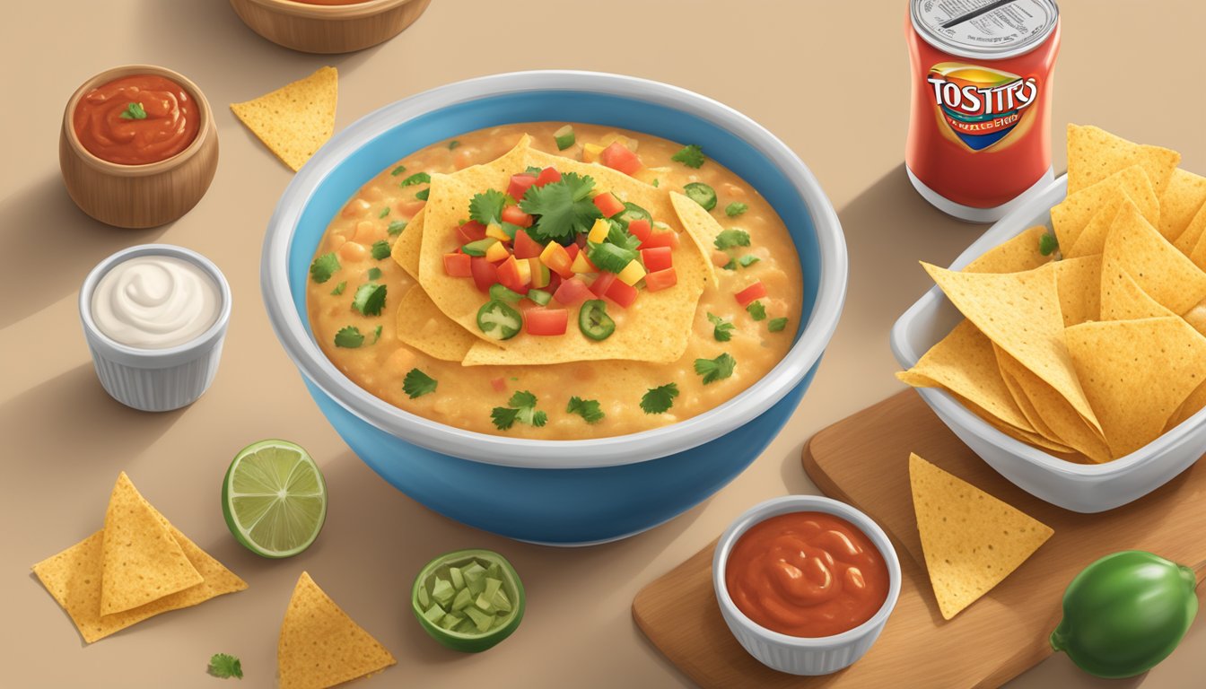 A bowl of Tostitos salsa con queso surrounded by tortilla chips and a nutritional label