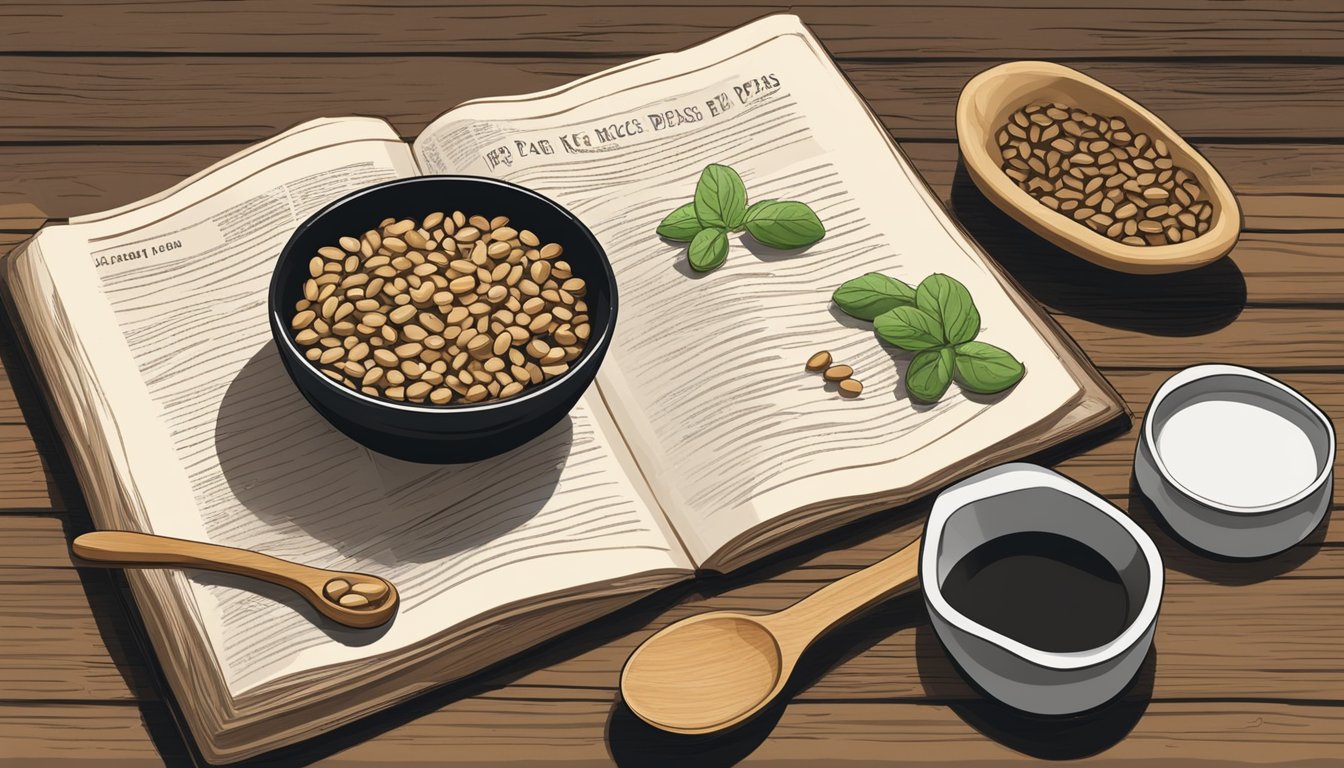 A rustic kitchen counter with a bowl of dry black eyed peas, a wooden spoon, and a recipe book open to the preparation guidelines page