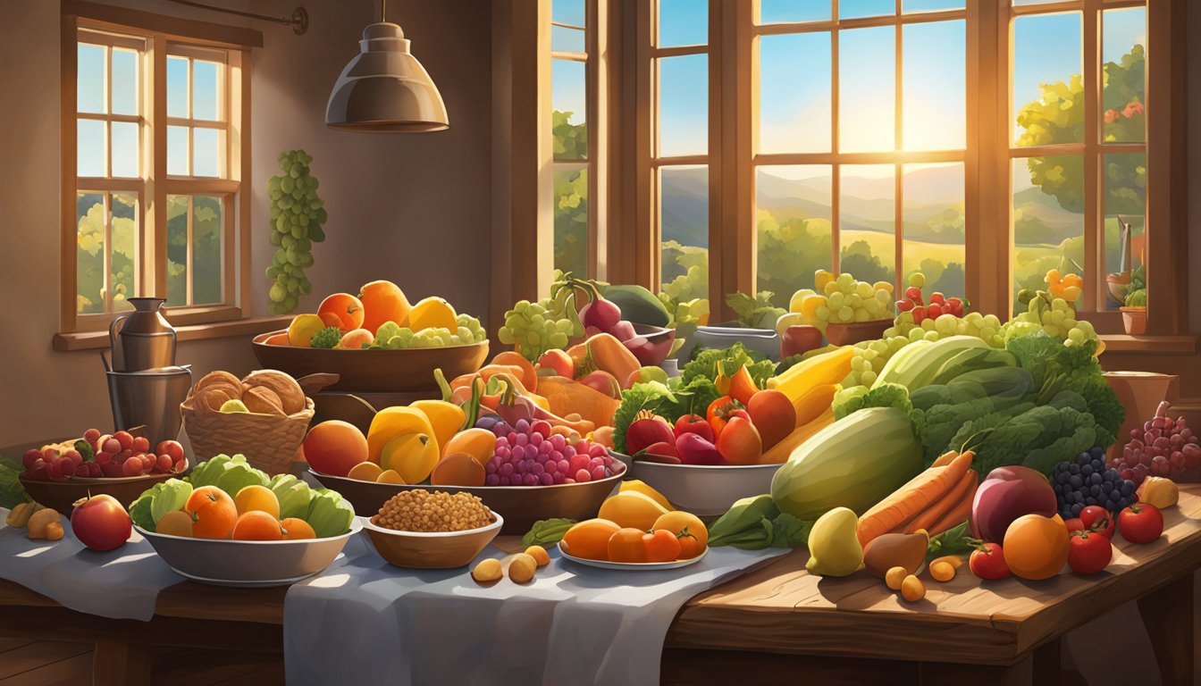 A bountiful spread of fresh fruits, vegetables, lean meats, and whole grains arranged on a rustic wooden table, with a warm, inviting glow from the setting sun streaming through a nearby window