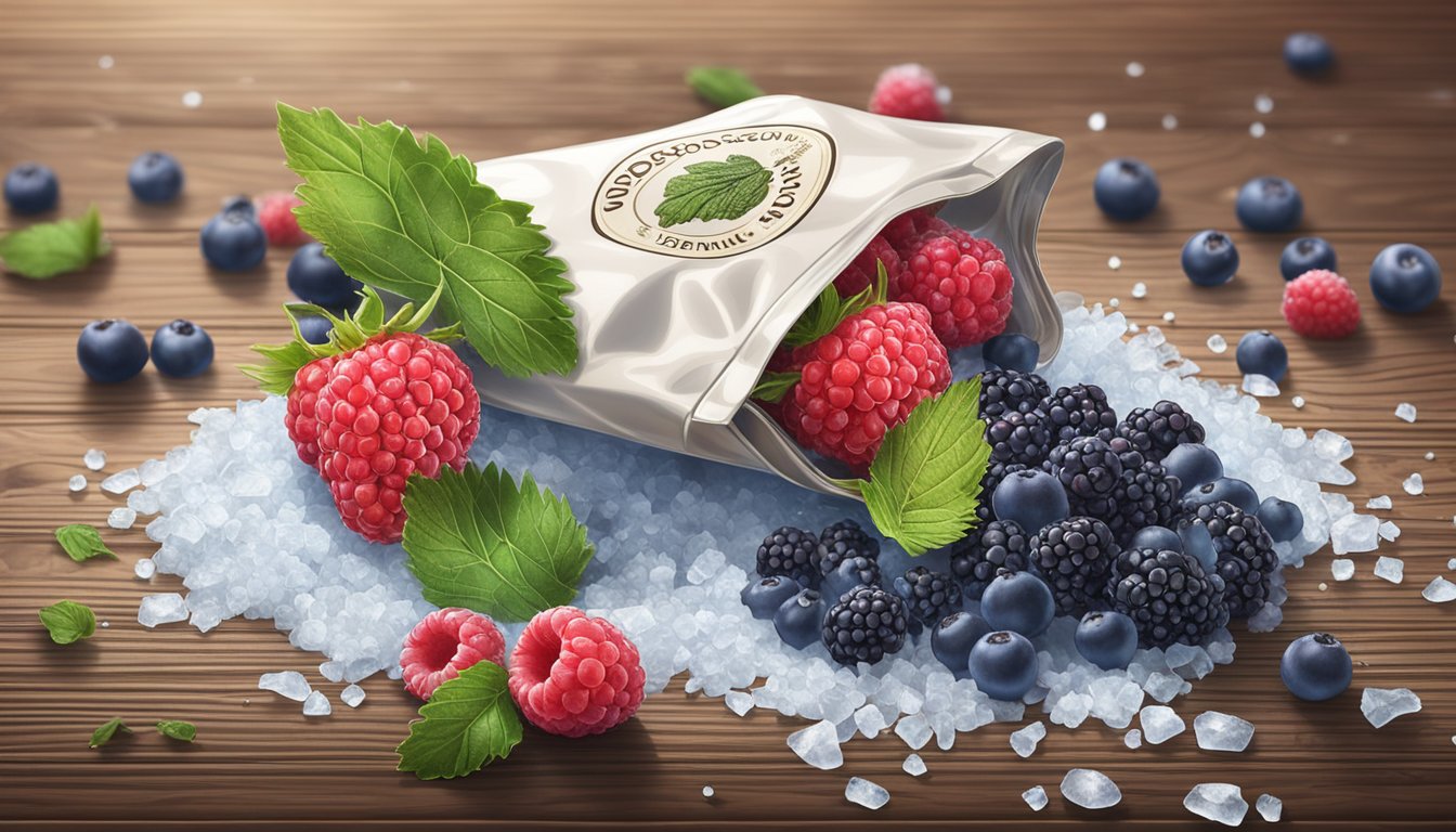 A bag of Woodstock organic frozen mixed berries spills out onto a rustic wooden table, surrounded by scattered ice crystals