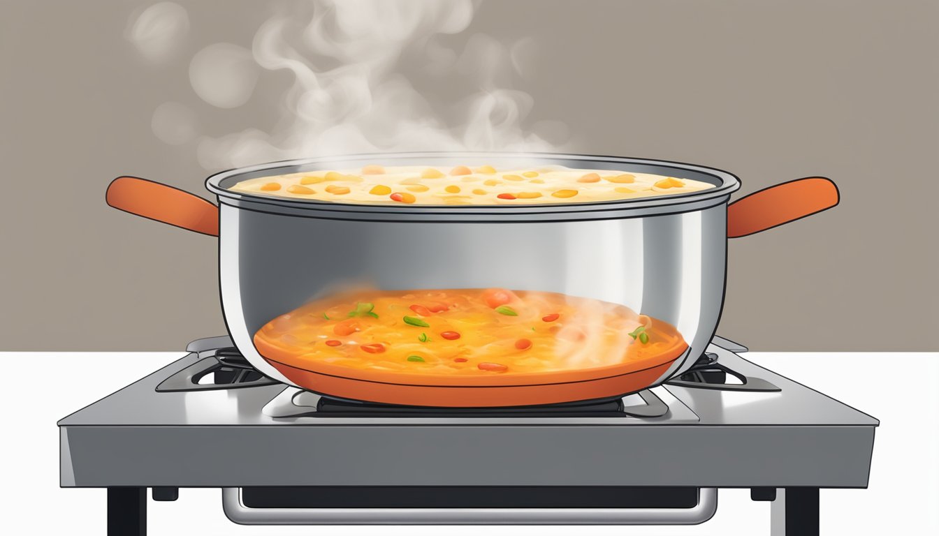 A large pot simmering on a stove, filled with a creamy mixture of melted cheese, tomatoes, and peppers, with steam rising from the surface