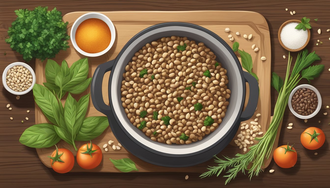 A pot of cooked Eden organic black eyed peas surrounded by fresh herbs and spices on a wooden cutting board