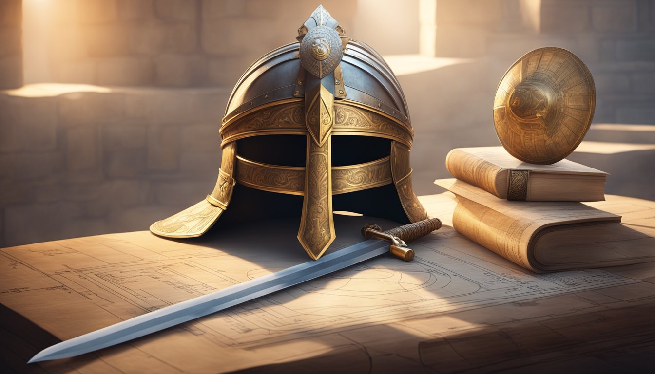 A gladiator's helmet and sword lie on a stone table, surrounded by ancient scrolls and scientific diagrams. A ray of sunlight illuminates the scene