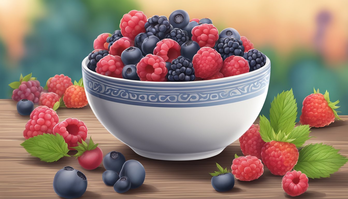 A bowl of Woodstock organic frozen mixed berries with the packaging in the background