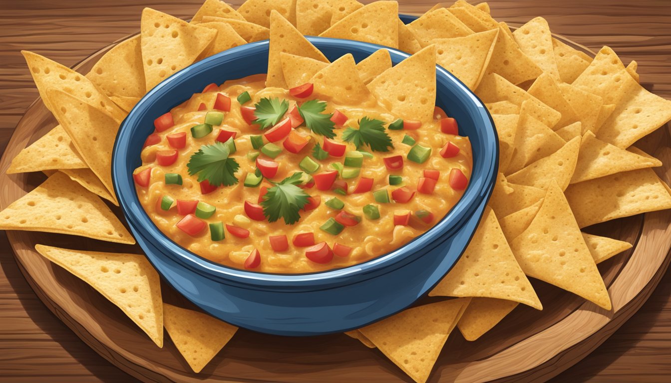 A bowl of Tostitos salsa con queso medium surrounded by tortilla chips on a wooden serving platter