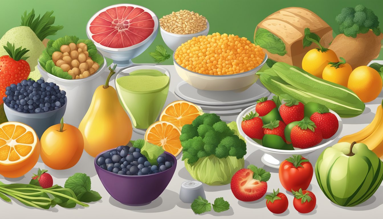 A table set with a variety of fresh fruits, vegetables, lean proteins, and whole grains, arranged in an appealing and abundant display