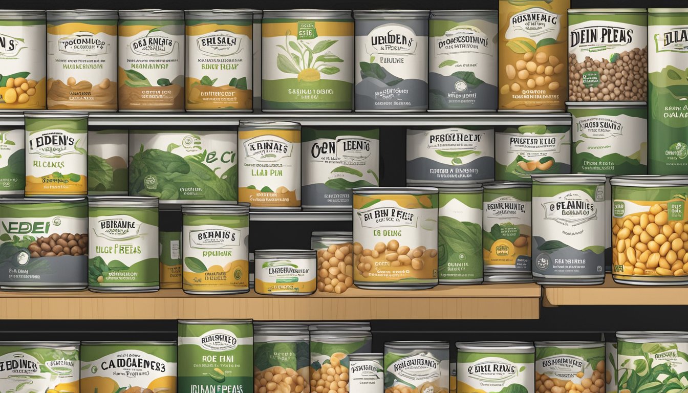 A can of Eden Organic black eyed peas sits on a pantry shelf, surrounded by other canned goods. The label features the brand's logo and a simple design