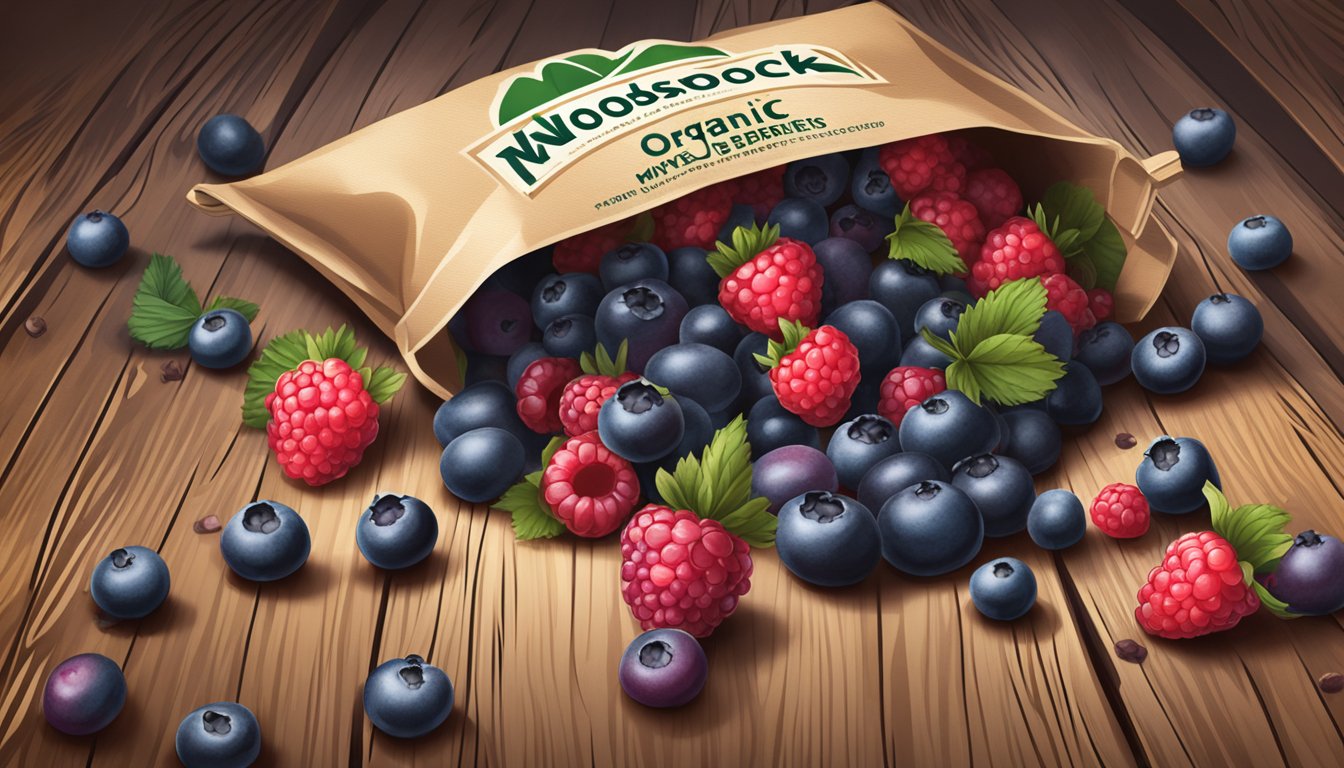 A bag of Woodstock organic frozen mixed berries spills out onto a rustic wooden table