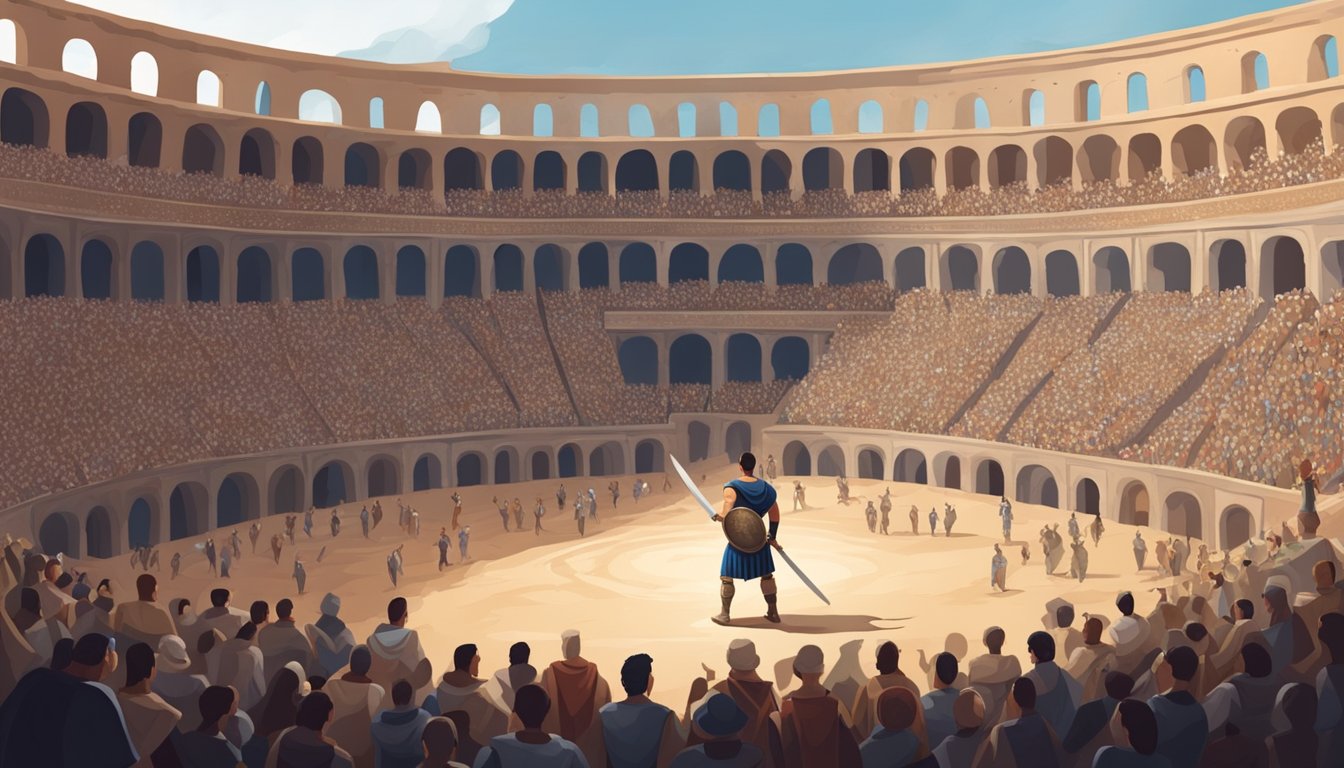 A gladiator standing in a grand colosseum, surrounded by spectators, holding a sword and shield, showcasing strength and determination