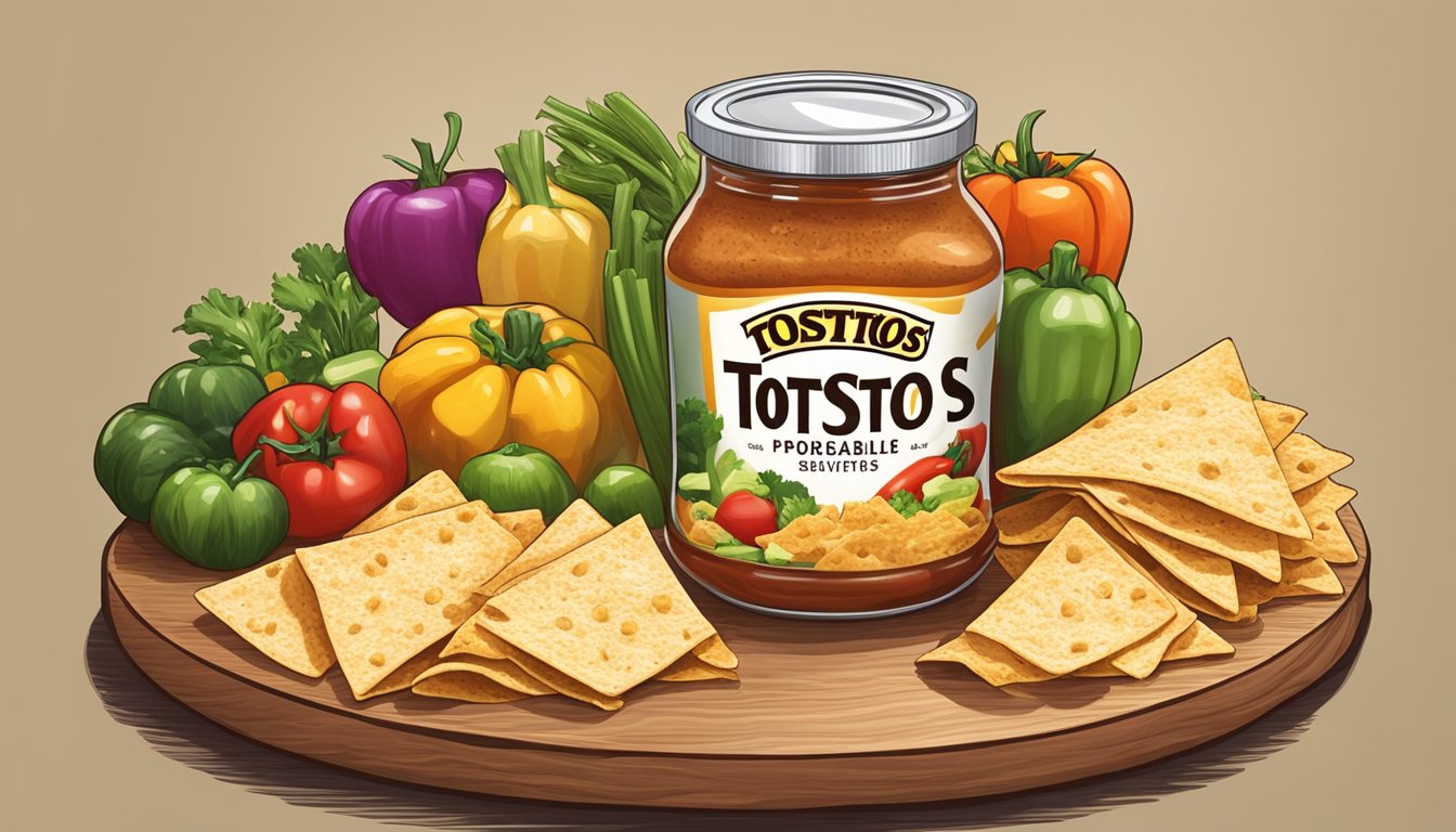 A jar of Tostitos salsa con queso medium surrounded by fresh vegetables and whole grain tortilla chips on a wooden serving platter