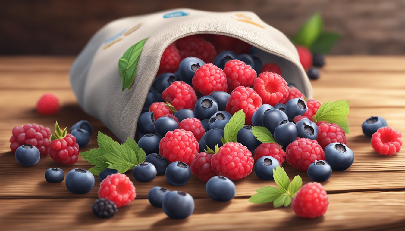 A close-up of a bag of Woodstock organic frozen mixed berries surrounded by fresh, vibrant berries spilling out onto a rustic wooden table