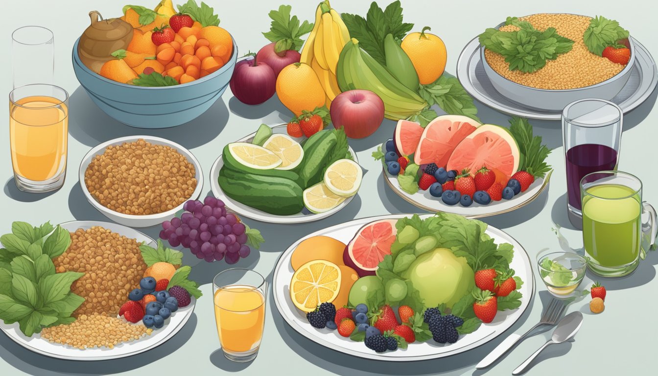 A bountiful table set with a variety of fresh fruits, vegetables, lean proteins, and whole grains. A glass of water and herbal tea accompany the spread