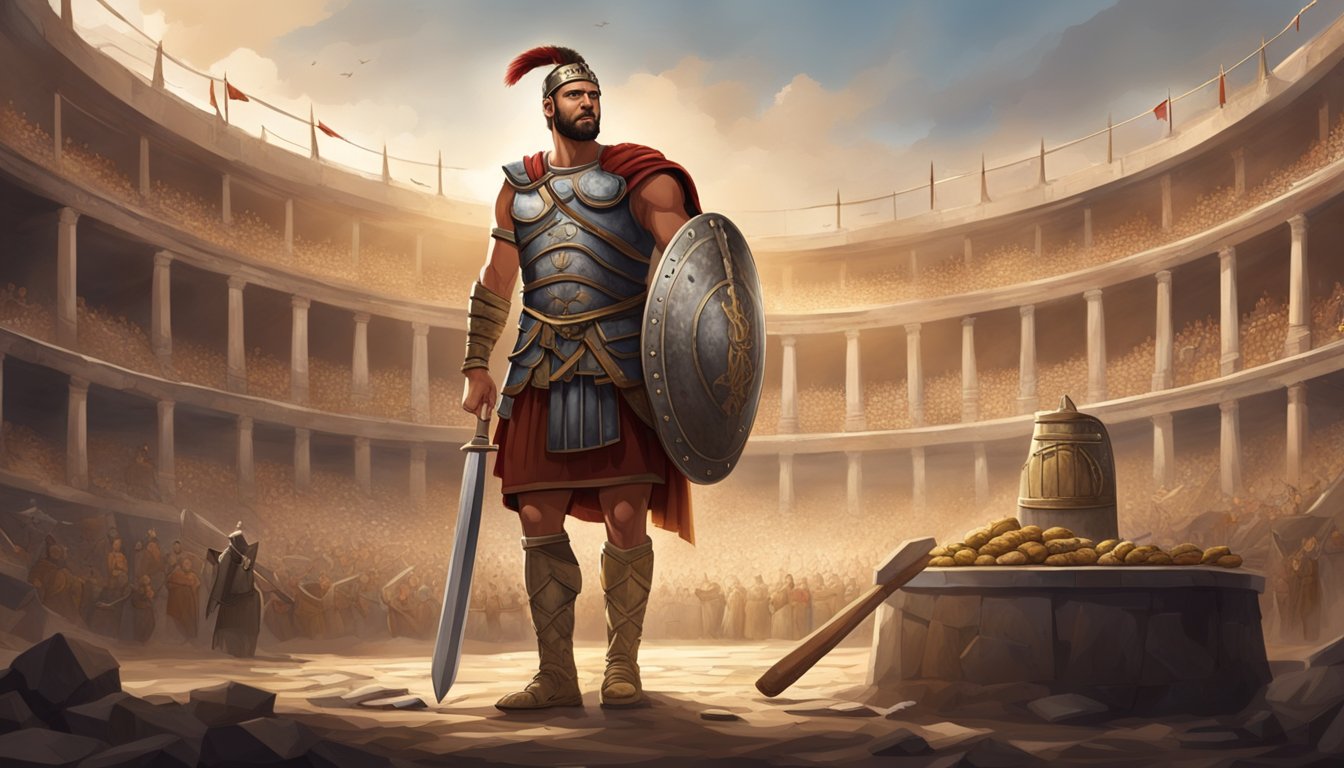 A gladiator stands victorious in an ancient arena, surrounded by the remnants of a hearty meal and the implements of battle