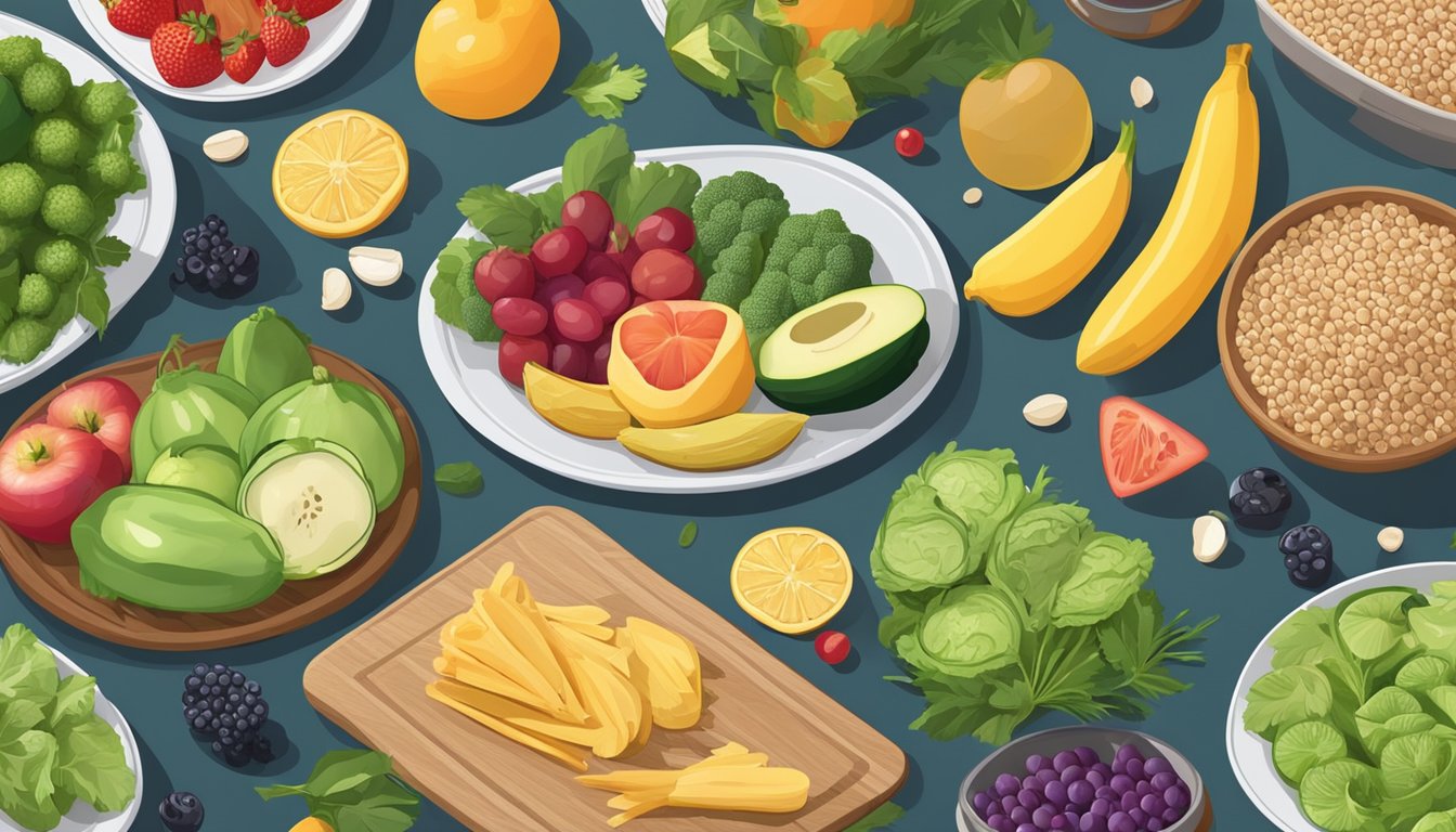 A table set with a variety of fresh fruits, vegetables, lean proteins, and whole grains, ready for meal prep and cooking