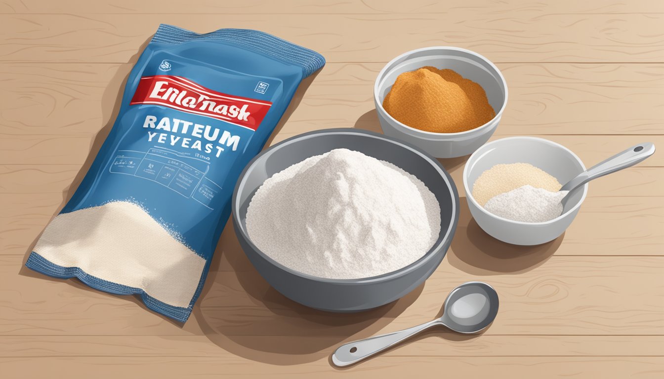 A bowl of flour with a packet of Red Star Active Dry Yeast on the side, surrounded by measuring spoons and a kitchen towel