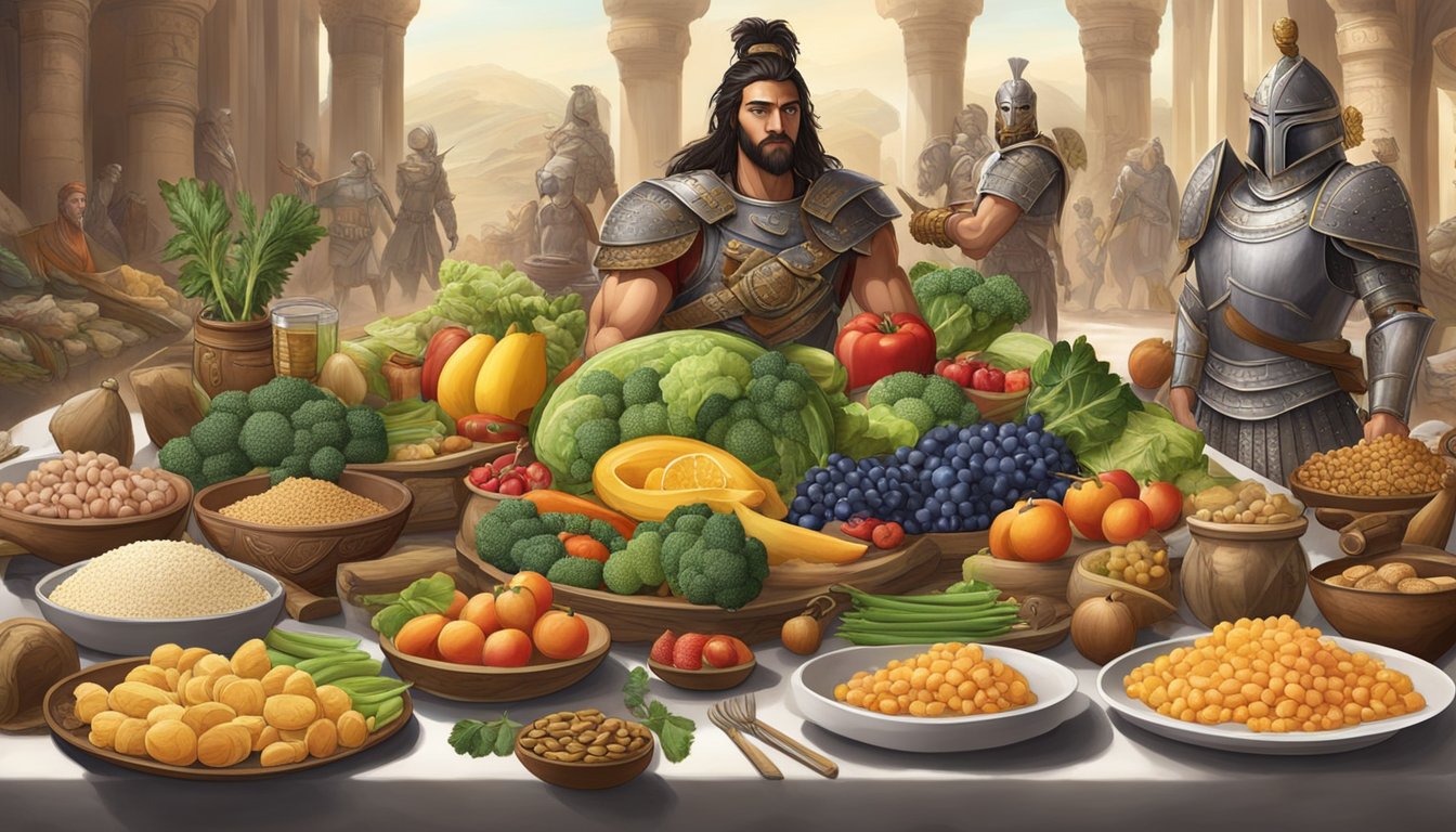 A table set with a variety of nutrient-rich foods, including lean proteins, colorful fruits and vegetables, and whole grains, surrounded by ancient warrior armor and weaponry